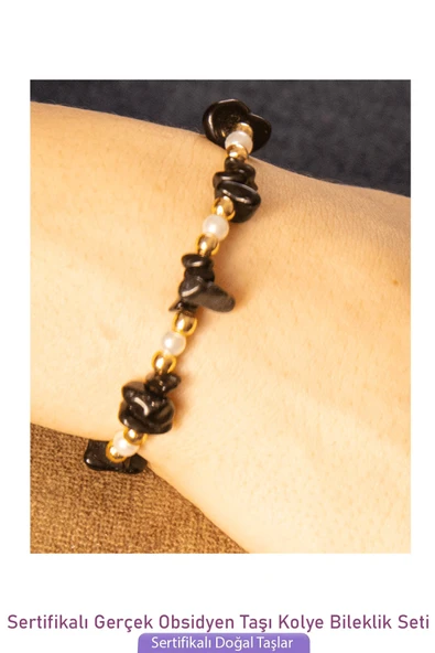 Sertifikalı İncili Siyah Obsidyen Taşlı Doğal Taş Kolye Bileklik Seti - 3