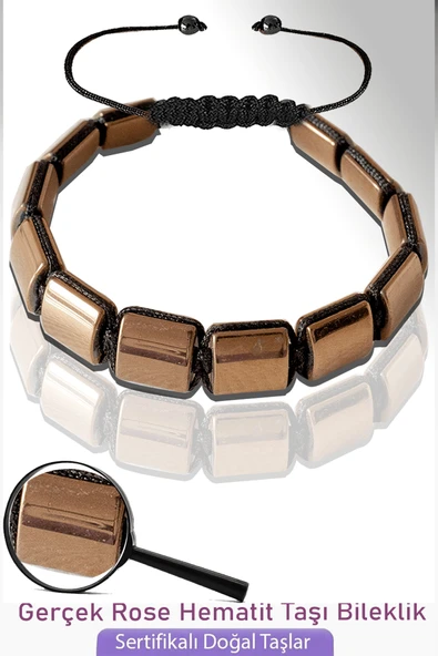 Sertifikalı Kare Model Gerçek Rose Hematit Taşı Bileklik - Ayarlamalı ürün görseli