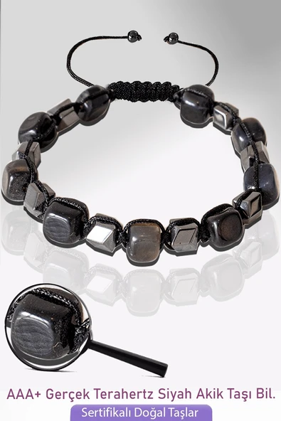 Sertifkalı Küp Model Siyah Akik Taşı Bileklik - Ayarlamalı ürün görseli