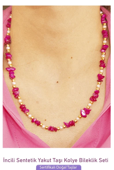 Sertifikalı İncili Sentetik Yakut Taşlı Doğal Taş Kolye Bileklik Seti - 2