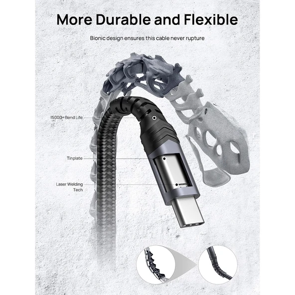 Jsaux Premium UZUN CC0008 60 Watt QC 3 Amper 2 Metre Type-C Süper Hızlı Şarj ve Data Aktarım Kablosu / iPhone 15 - 16 serisi uyumlu - Resim 3