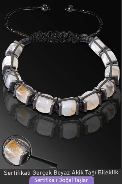 Sertifikalı Küp Model Doğal Beyaz Akik Taşı Bileklik - Ayarlamalı ürün görseli