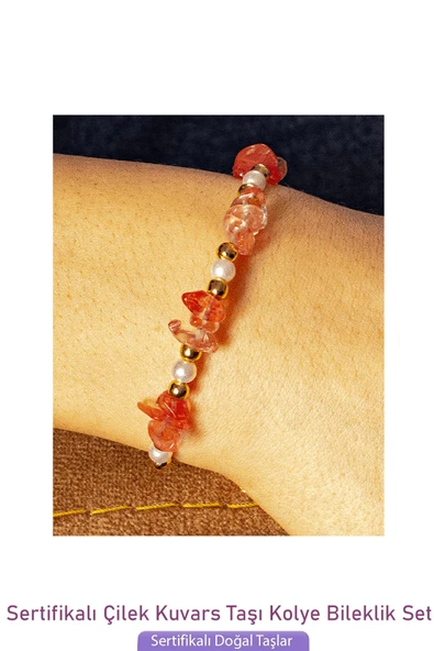 Sertifikalı İncili Çilek Kuvars Taşlı Doğal Taş Kolye Bileklik Seti - 3