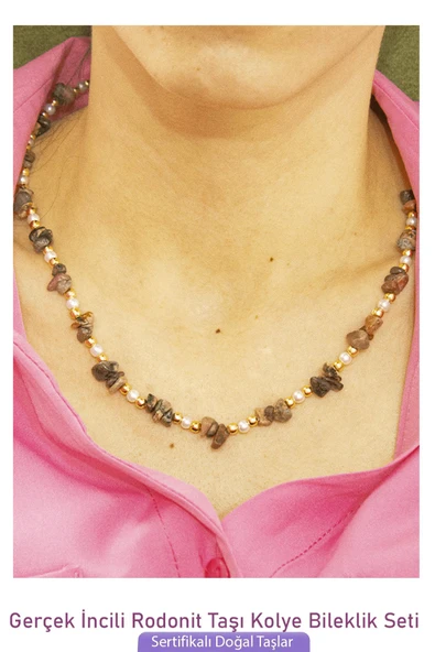 Sertifikalı İncili Rodonit Taşlı Doğal Taş Kolye Bileklik Seti - 2