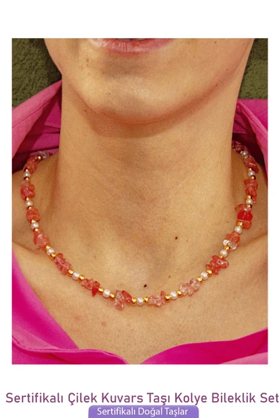 Sertifikalı İncili Çilek Kuvars Taşlı Doğal Taş Kolye Bileklik Seti - 2