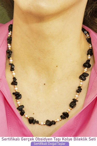 Sertifikalı İncili Siyah Obsidyen Taşlı Doğal Taş Kolye Bileklik Seti - 2