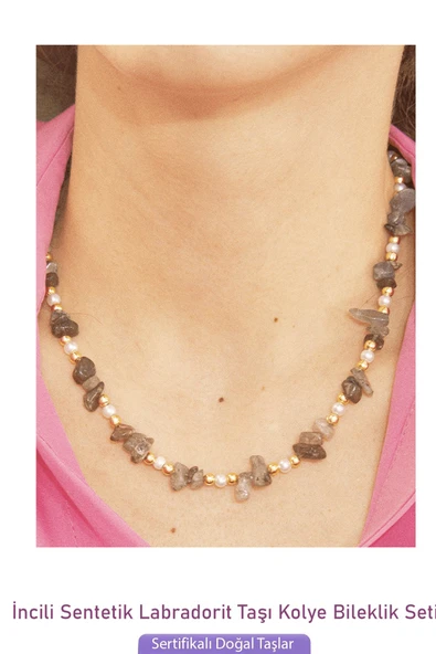 Sertifikalı İncili Labradorit Taşlı Doğal Taş Kolye Bileklik Seti - 2