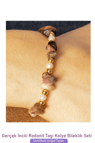 Sertifikalı İncili Rodonit Taşlı Doğal Taş Kolye Bileklik Seti - 3
