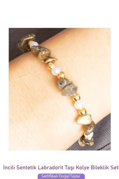 Sertifikalı İncili Labradorit Taşlı Doğal Taş Kolye Bileklik Seti - 3