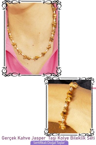 Sertifikalı İncili Kahverengi Jasper Taşlı Doğal Taş Kolye Bileklik Seti