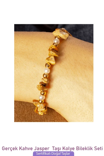 Sertifikalı İncili Kahverengi Jasper Taşlı Doğal Taş Kolye Bileklik Seti - 2