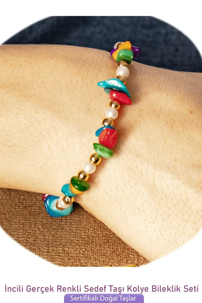 Sertifikalı İncili Multicolor Renkli Sedef Taşlı Doğal Taş Kolye Bileklik Seti - 2
