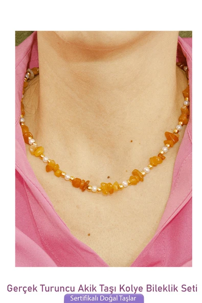 Sertifikalı İncili Turuncu Akik Taşlı Doğal Taş Kolye Bileklik Seti - Resim 2