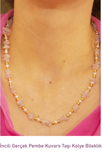 Sertifikalı İncili Pembe Kuvars Taşlı Doğal Taş Kolye Bileklik Seti - 2