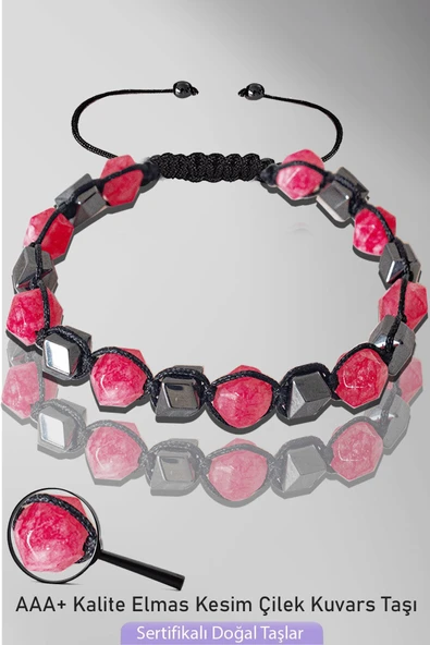 Sertifikalı AAA+ Elmas Kesim Terahertz - Çilek Kuvars Taşı Bileklik - Ayarlamalı ürün görseli