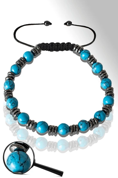 Sertifikalı Silver Hematitli 6mm Doğal Firuze Bileklik - Ayarlamalı ürün görseli