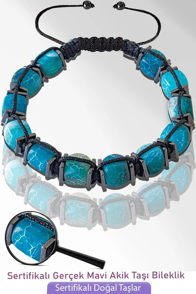 Sertifikalı Küp Model Ham Doğal Mavi Akik Taşı Bileklik - Ayarlamalı ürün görseli