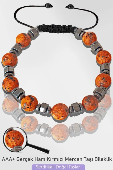 Sertifikalı Silver Hematitli Doğal Ham Kırmızı Mercan Taşı Bileklik - Ayarlamalı ürün görseli
