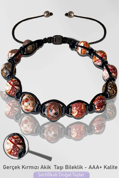 Sertifikalı Makrome Doğal Çizgili Kırmızı Akik Taşı Bileklik - Ayarlamalı ürün görseli