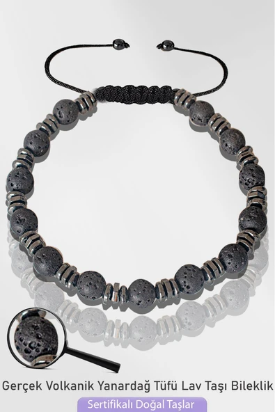 Sertifikalı Silver Hematitli Doğal 6mm Volkanik Lav Taşı Bileklik - Ayarlamalı ürün görseli