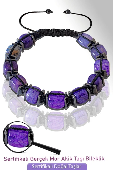 Sertifikalı Küp Model Doğal Mor Akik Taşı Bileklik - Ayarlamalı ürün görseli