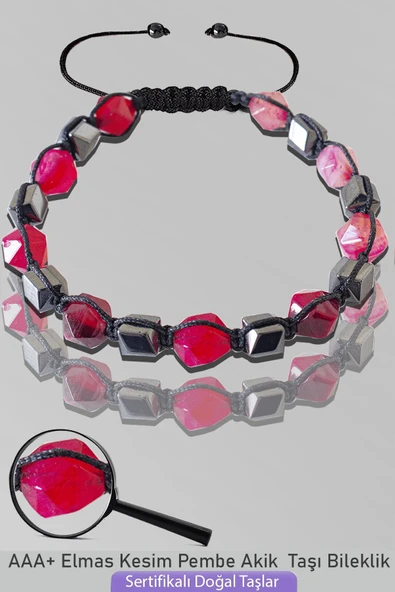Sertifikalı AAA+ Elmas Kesim Terahertz - Pembe Akik Taşı Bileklik - Ayarlamalı ürün görseli