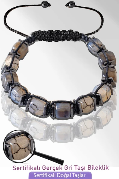 Sertifikalı Küp Model Doğal Gri Çizgili Akik Taşı Bileklik - Ayarlamalı ürün görseli