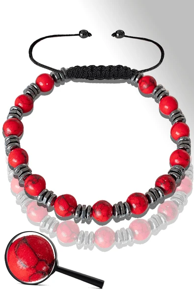 Sertifikalı Silver Hematitli Kırmızı Havlit Taşı Bileklik - Ayarlamalı ürün görseli