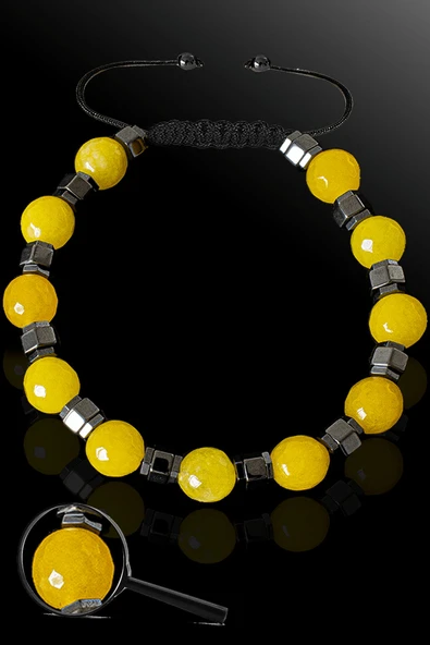 Sertifikalı Silver Hematitli 8 Mm Doğal Fasetli Sarı Akik Taşı Bileklik ürün görseli