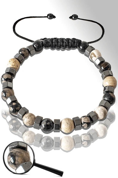 Sertifikalı Silver Hematitli 6 Mm Siyah - Beyaz Akik Taşı Bileklik - Tibet Akiği ürün görseli