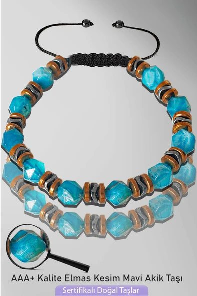 Sertifikalı AAA+ Rose Hematitli Elmas Kesim Mavi Akik Taşı Bileklik - Ayarlamalı ürün görseli