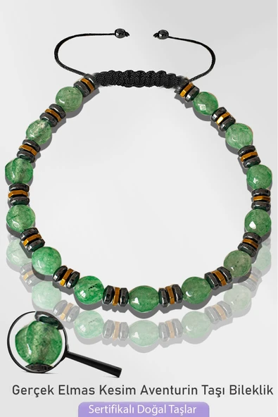 Sertifikalı Silver Hematitli 6mm Fasetli Doğal Aventurin Taşı Bileklik - Ayarlamalı ürün görseli