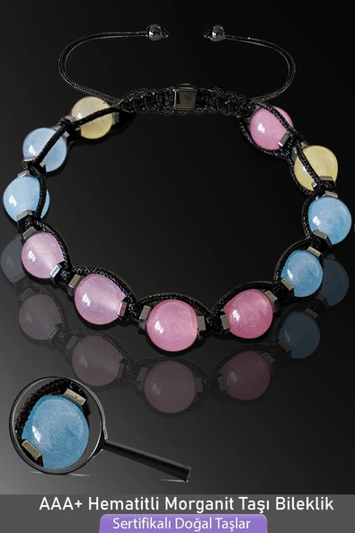 Sertifikalı Makrome Akuamarin Pembe Kuvars Morganit Taşı Bileklik ürün görseli