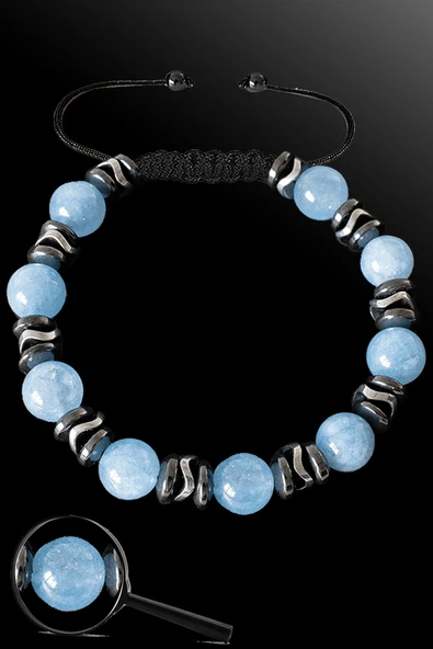 Sertifikalı Silver Hematitli 8 Mm Doğal Akuamarin Taşı Bileklik - Ayarlamalı ürün görseli