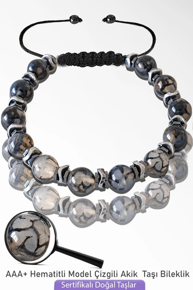 Sertifikalı Silver Hematitli Çizglili Akik Taşı Bileklik - Ayarlamalı ürün görseli 1