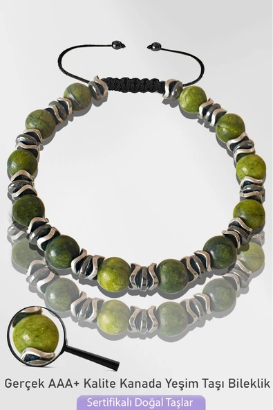 Sertifikalı Silver Hematitli 6mm Doğal Kanada Yeşim Taşı Bileklik - Ayarlamalı ürün görseli