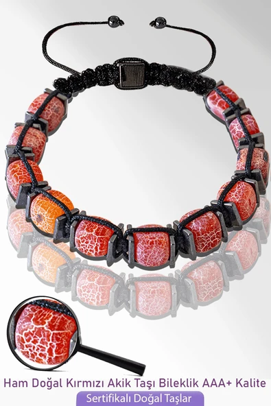 Sertifikalı Küp Model Doğal Ham Kırmızı Akik Taşı Bileklik - Ayarlamalı ürün görseli