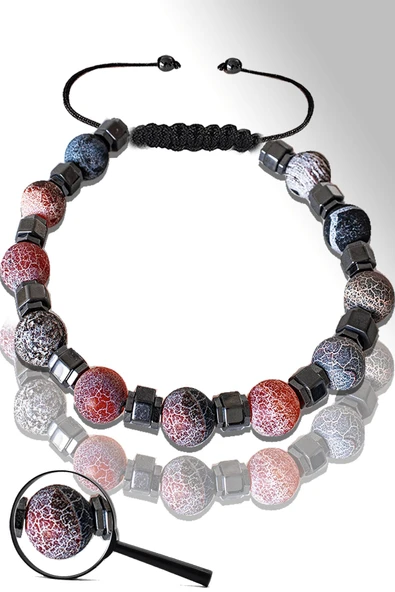 Sertifikalı Silver Hematitli Doğal Ham Siyah - Kırmızı Akik Taşı Bileklik - Ayarlamalı ürün görseli
