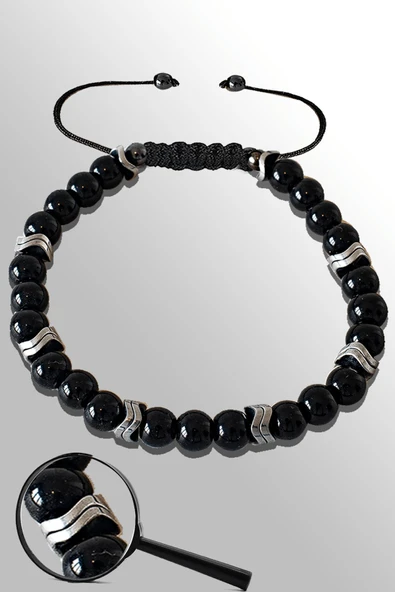 Sertifikalı Gümüş Çavuş Hematitli Siyah Obsidyen Taşı Bileklik - Ayarlamalı ürün görseli