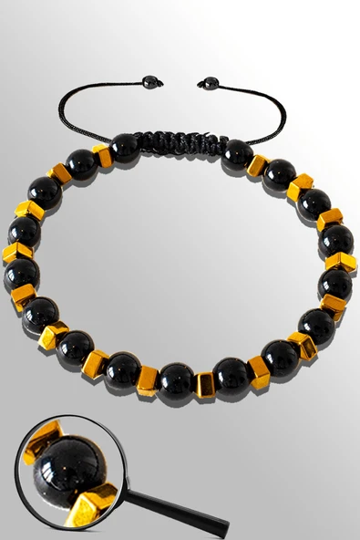 Sertifikalı Gold Falezli Siyah Obsidyen Taşı Bileklik - Ayarlamalı