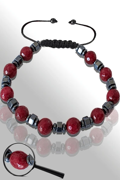 Sertifikalı Hematitli Doğal Fasetli Kırmızı Akik Taşı Bileklik - Ayarlamalı ürün görseli