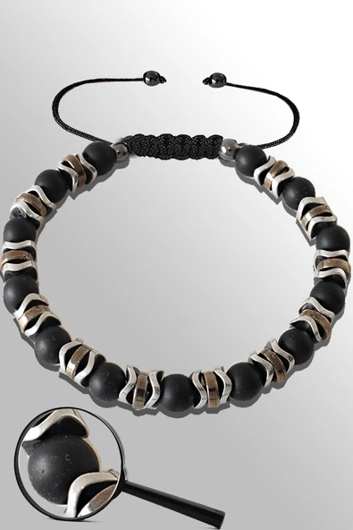 Sertifikalı Silver Hematitli Ham Oniks Taşı Bileklik - Ayarlamalı ürün görseli