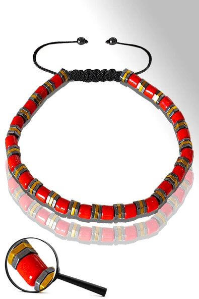 Sertifikalı Gold Silver Hematitli Kırmızı Mercan Taşı Bileklik - Ayarlamalı ürün görseli