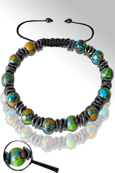 Sertifikalı Silver Hematitli Doğal Arizona Firuze Taşı Bileklik - Ayarlamalı ürün görseli