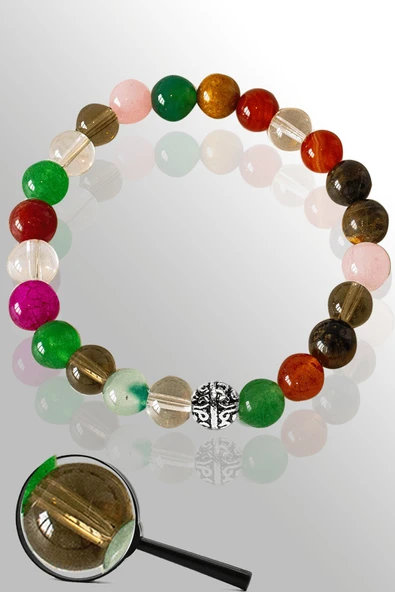 Sertifikalı Gümüş 7 Çakra Doğal Taş Bileklik - Akik,Kaplan Gözü,Kristal Kuvars,Pembe Kuvars,Yeşim ürün görseli