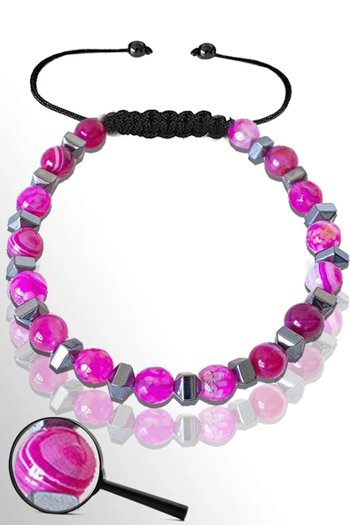 Sertifikalı Gümüş Hematitli 6 Mm Doğal Pembe Akik Taşı Bileklik- Damarlı ürün görseli