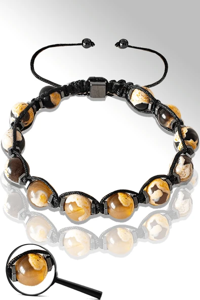 Sertifikalı Hematitli Beyaz Kahverengi Akik Taşı Bileklik - Tibet Akiği ürün görseli