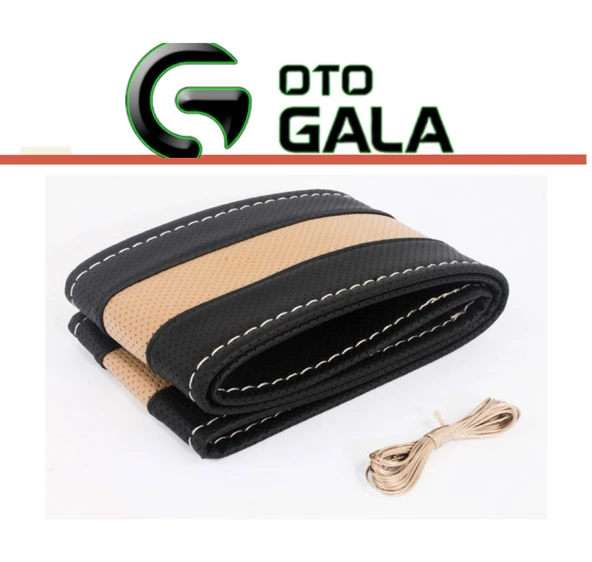 DİKİŞLİ DİREKSİYON KILIFI SİYAH ÇEMBER BEJ - 2