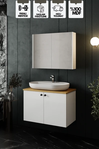 Karen Banyo Mimoza 80 Cm Tezgahlı, Aynalı Banyo Dolabı Seti, Seramik Lavabo Dahil, Beyaz, Mdf