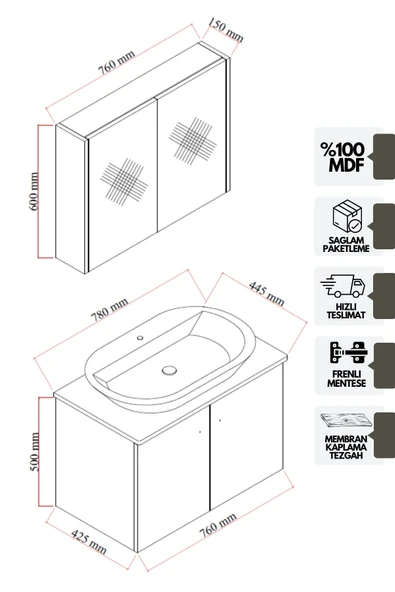 Karen Banyo Mimoza 80 Cm Tezgahlı, Aynalı Banyo Dolabı Seti, Seramik Lavabo Dahil, Beyaz, Mdf - 4